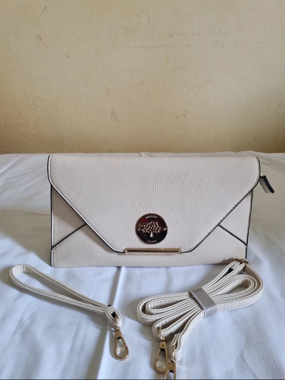 Mulberry White Envelope Crossbody with Gold Emblem